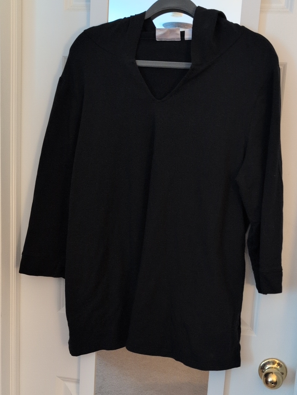 Black V-Neck 3/4 Length Sleeve Hoodie Sweater for Women